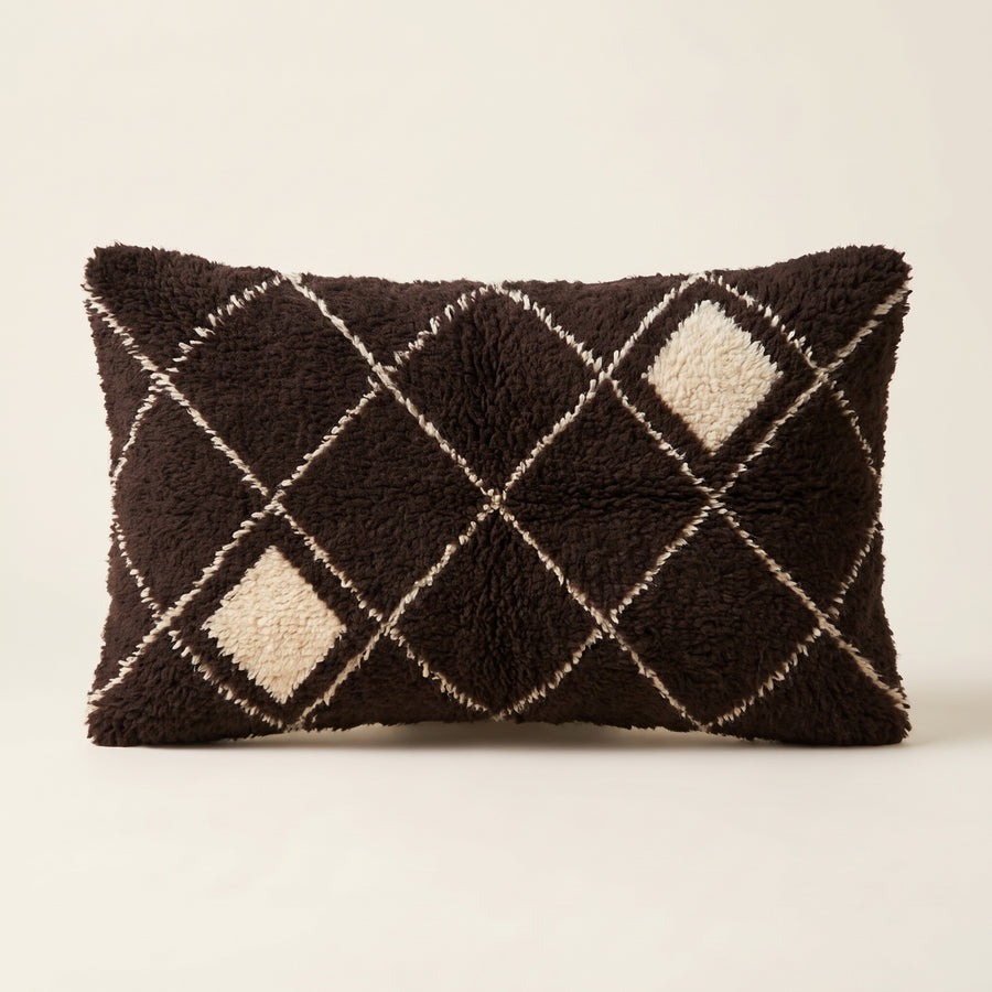 Black & Ivory Moroccan wool lumbar pillow, Night Grid design, 14 x 24 in