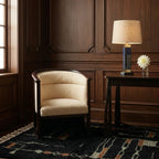 Aghbal black, terracotta and olive Beni Ourain rug styled in a refined living room.