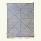 Blue gray and ivory Zanafi kilim rug Isaffen with angular lattice, full rug view