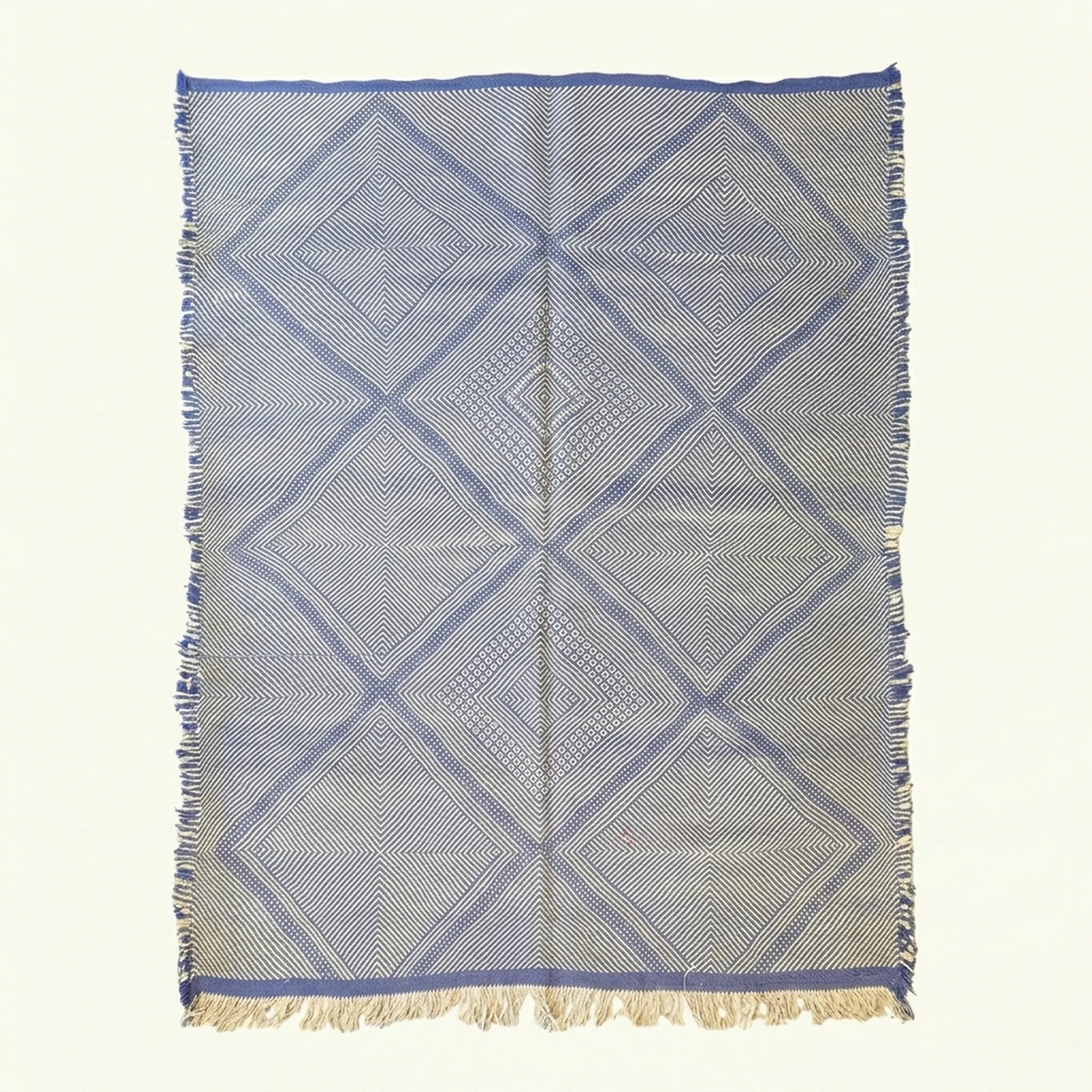 Blue gray and ivory Zanafi kilim rug Isaffen with angular lattice, full rug view