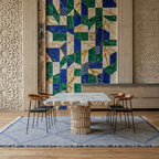 Blue gray and ivory Zanafi kilim rug Isaffen with angular lattice, styled living room view