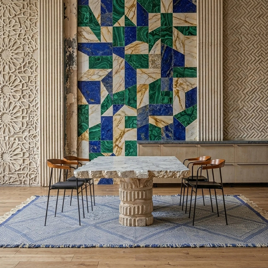 Blue gray and ivory Zanafi kilim rug Isaffen with angular lattice, styled living room view
