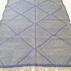 Blue gray and ivory Zanafi kilim rug Isaffen with angular lattice, angular lattice pattern detail