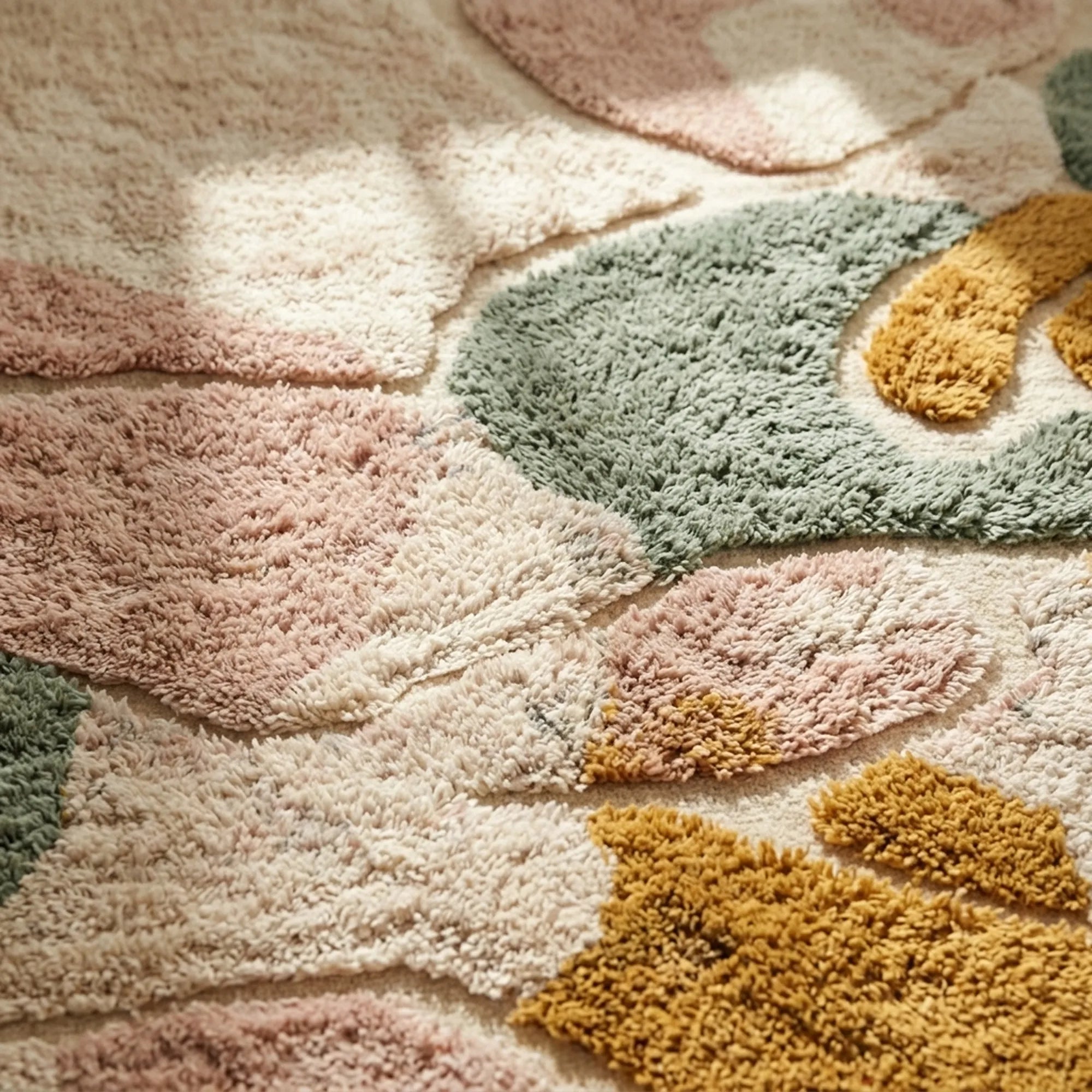 Blush & Sage Mrirt rug Tafzara, flowing organic shapes fringe detail