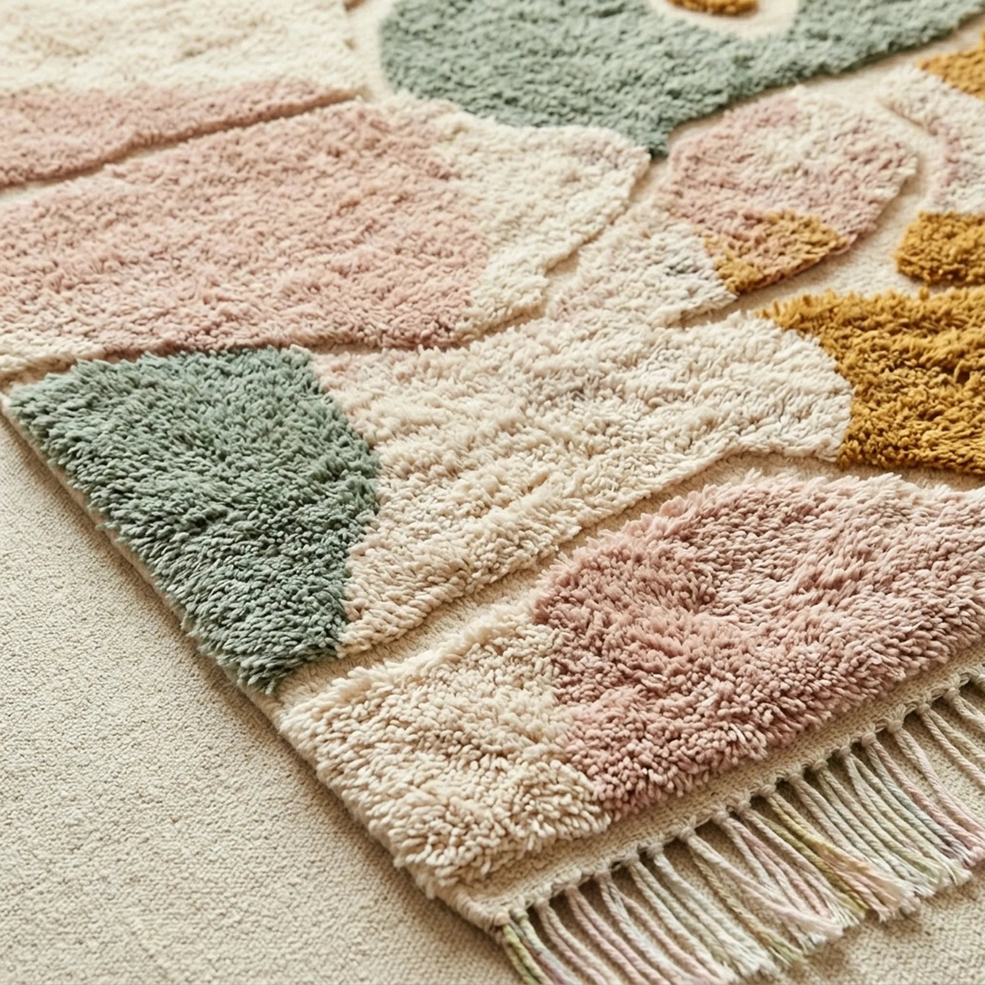 Blush & Sage Mrirt rug Tafzara, flowing organic shapes craftsmanship detail