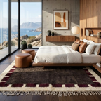 Brown and burgundy Beni Ourain rug in a bedroom