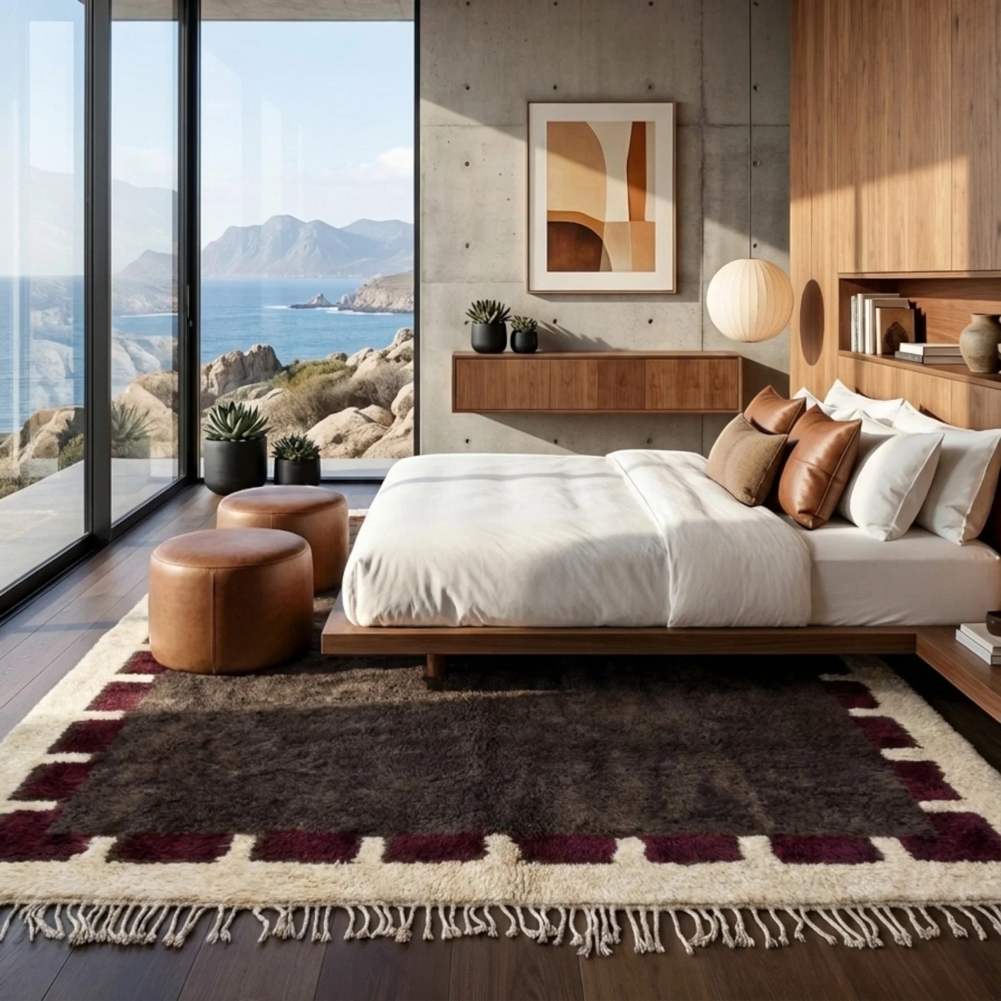 Brown and burgundy Beni Ourain rug in a bedroom