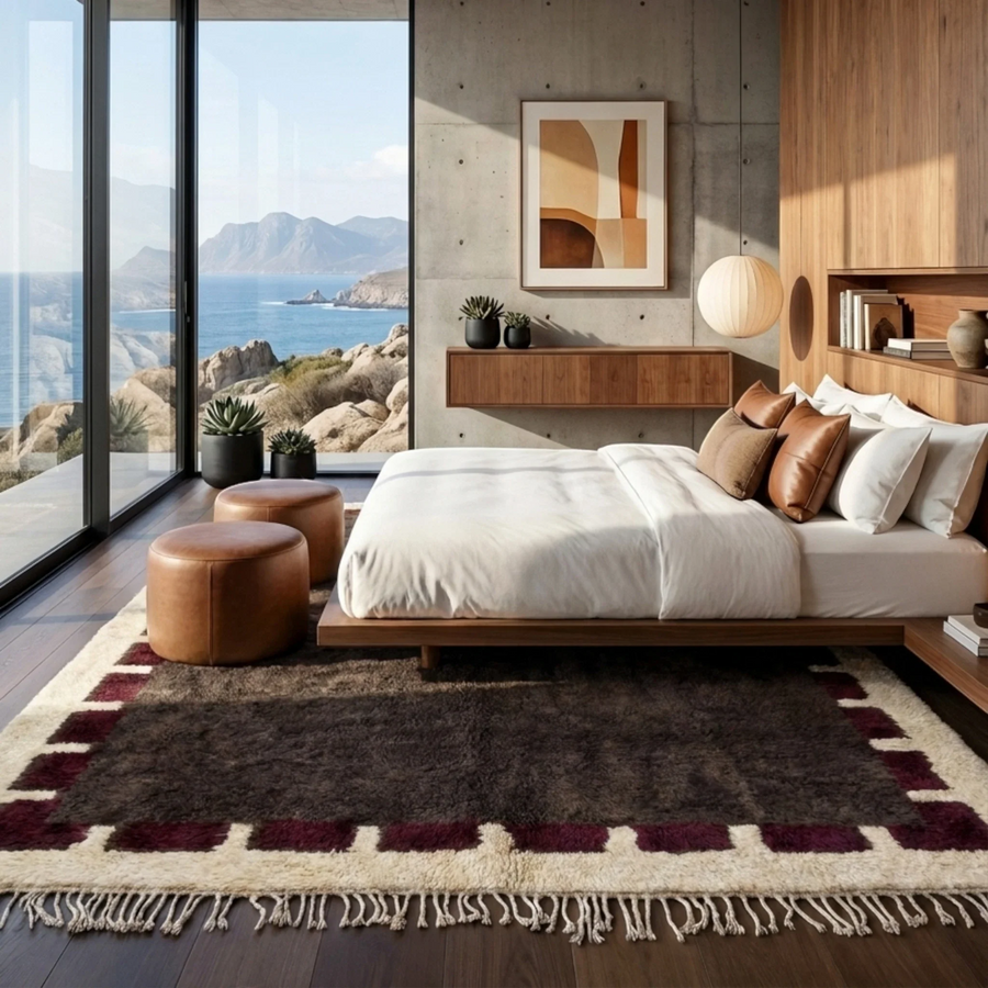 Brown and burgundy Beni Ourain rug in a bedroom