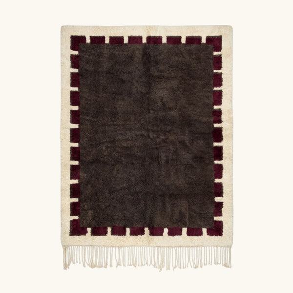Brown and Burgundy Beni Ourain Rug – Block Border Design – Tanmirt
