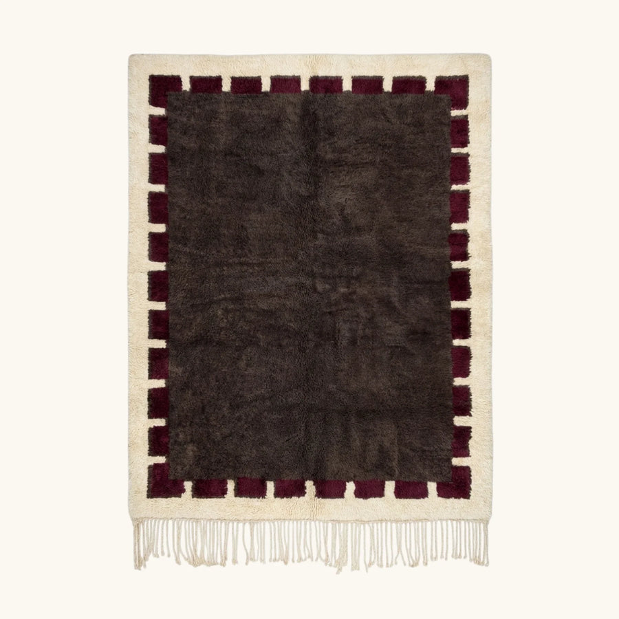 Brown and burgundy Beni Ourain rug, full view