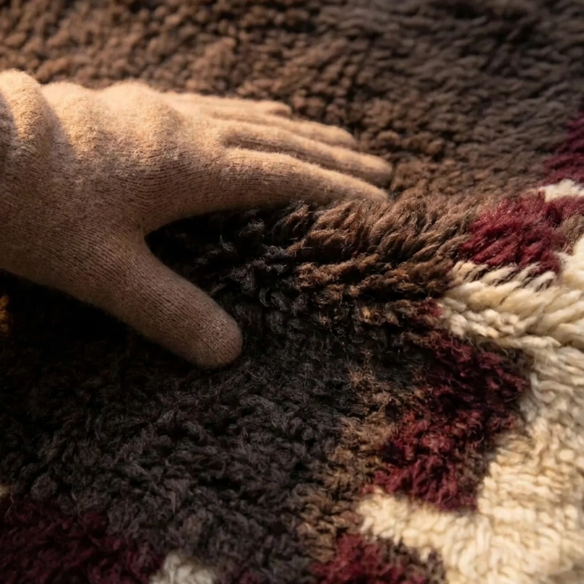 Brown and burgundy Beni Ourain rug softness detail