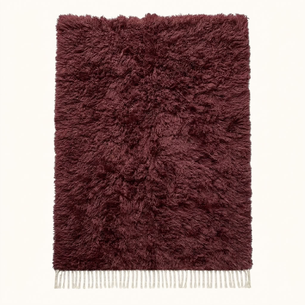 Burgundy Beni Ourain rug Tafat with thick textured pile and ivory fringe, flat lay