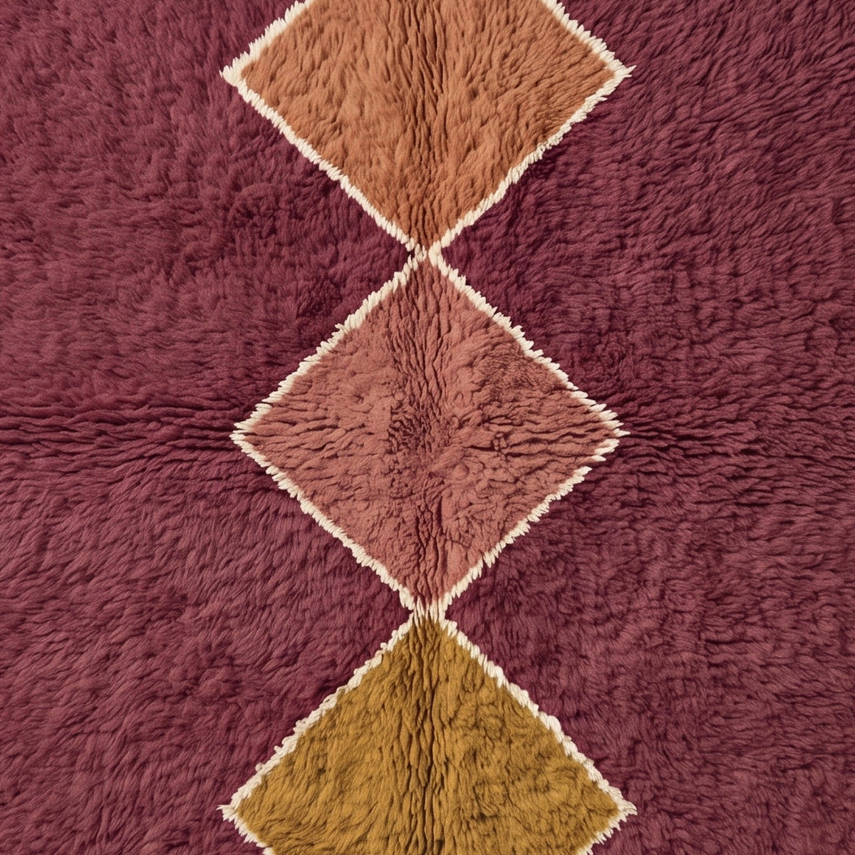 Straight-on detail of cream-outlined diamonds in camel, rose, and gold tones