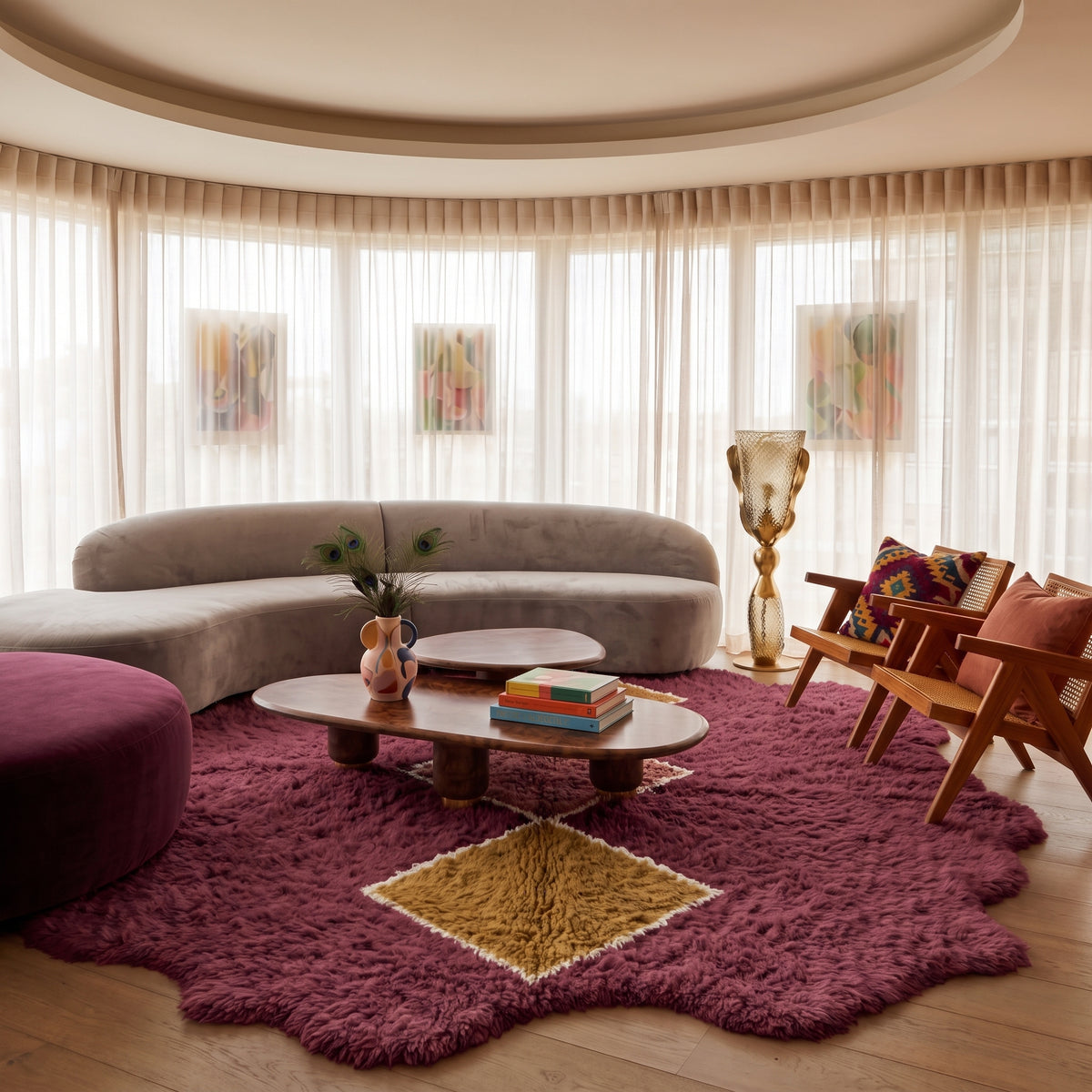 Burgundy diamond stack rug in a modern living room with curved grey sofa and wooden furniture