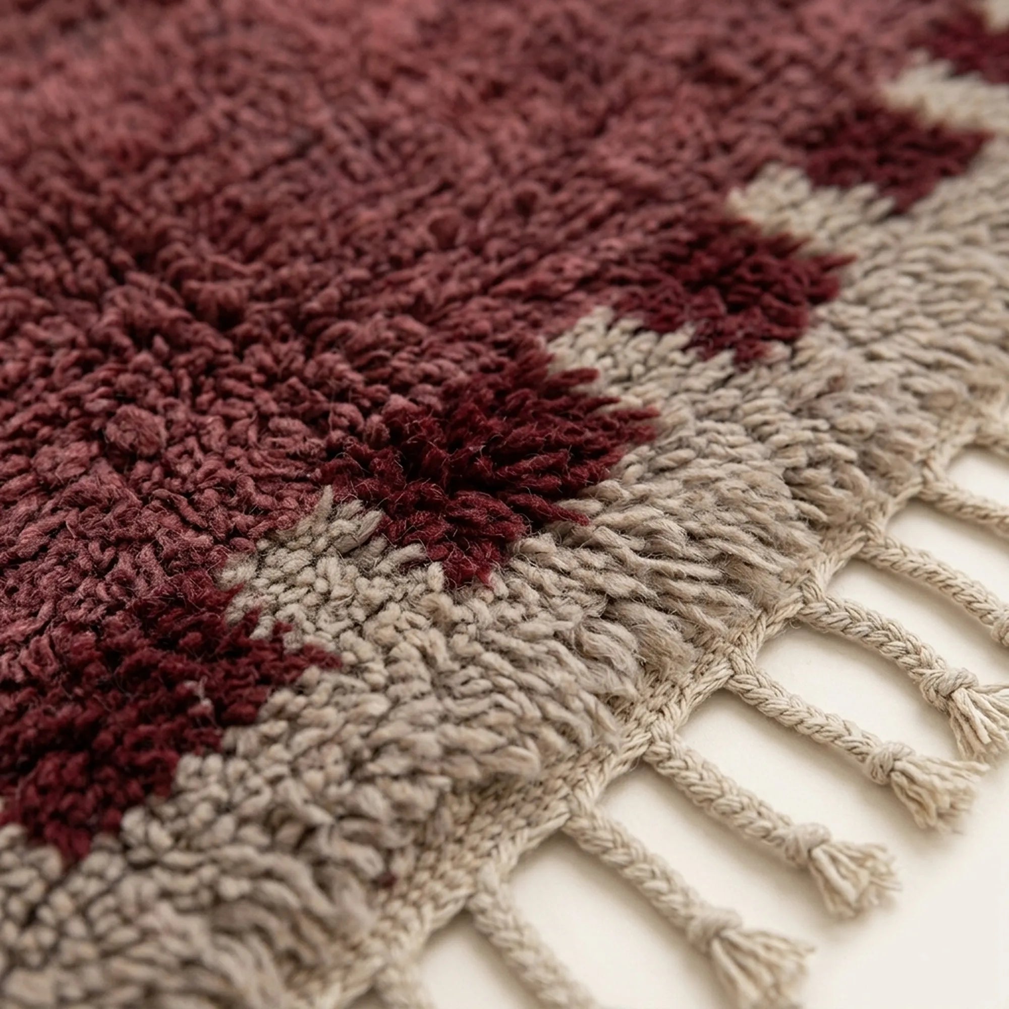 Close-up of the natural Atlas wool texture on the Ziri burgundy and ivory Beni Ourain rug.