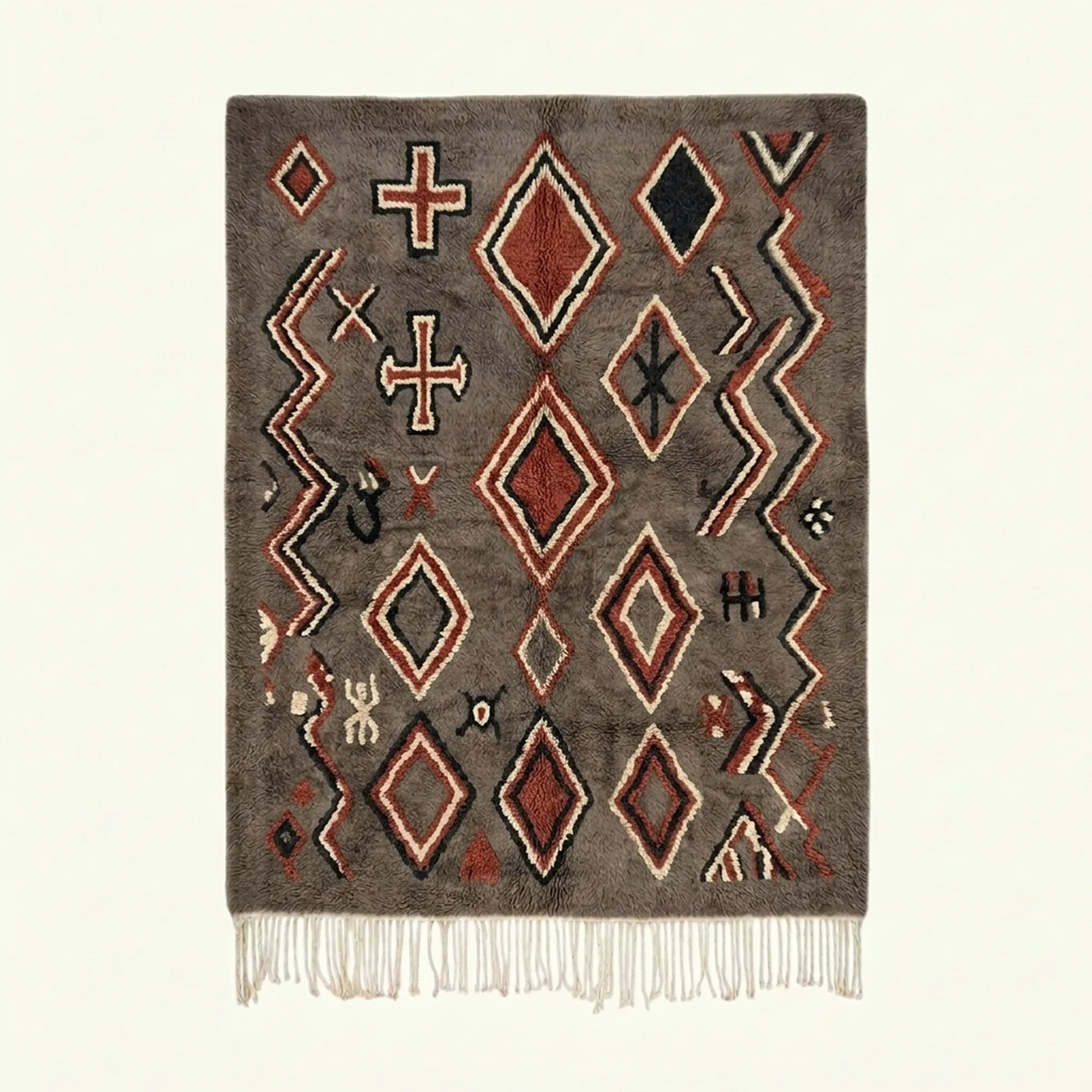 Charcoal Azilal rug Tafrawt with coral diamonds, full rug view