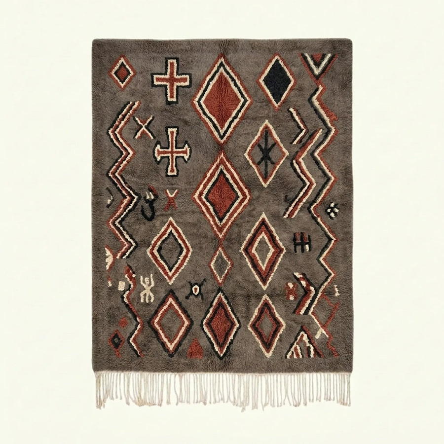 Charcoal Azilal rug Tafrawt with coral diamonds, full rug view
