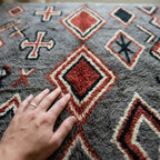 Charcoal Azilal rug Tafrawt with coral diamonds, wool texture detail