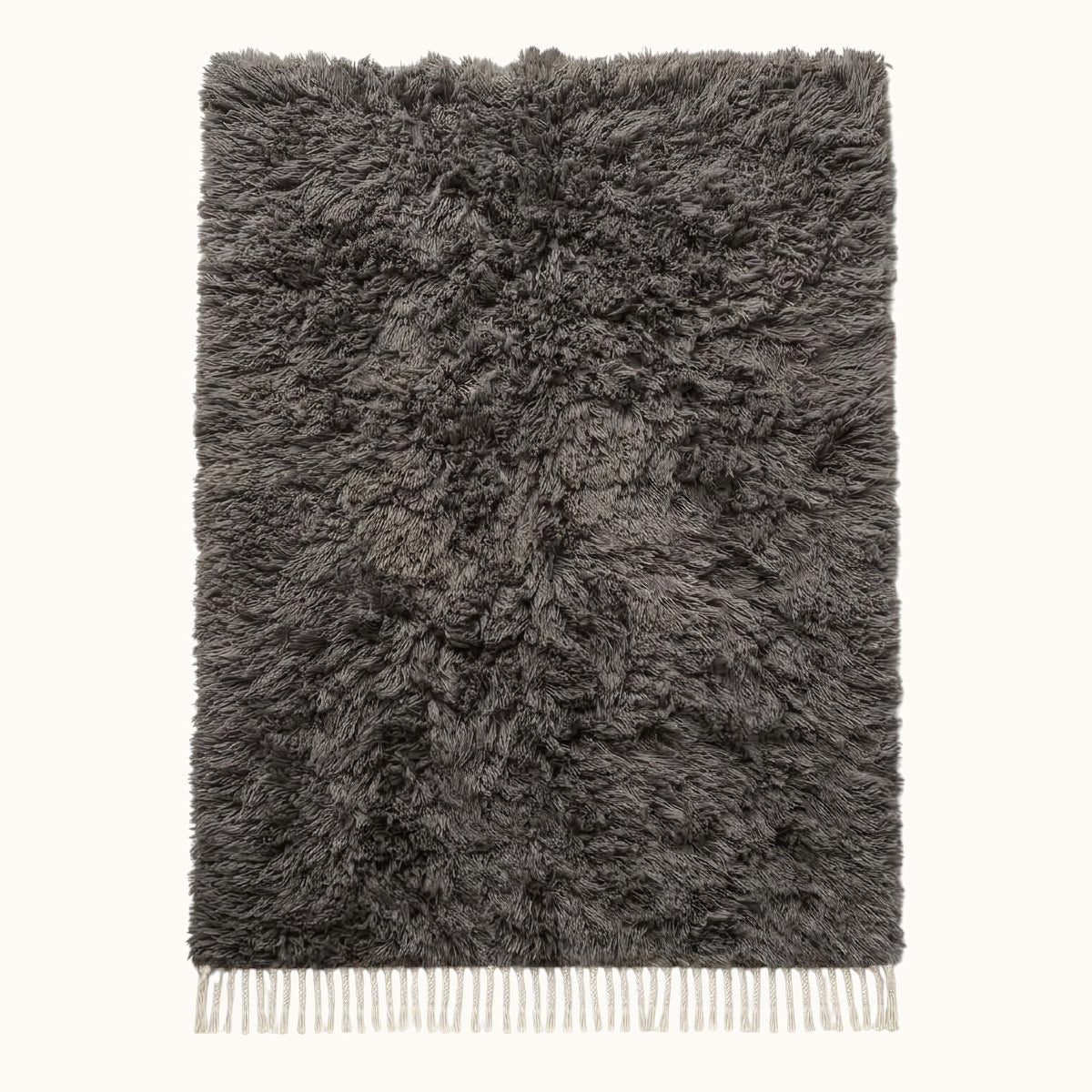 Charcoal Beni Ourain Rug – Textured Pile – Dihya, flat lay on plain background showing full rectangle with ivory fringe