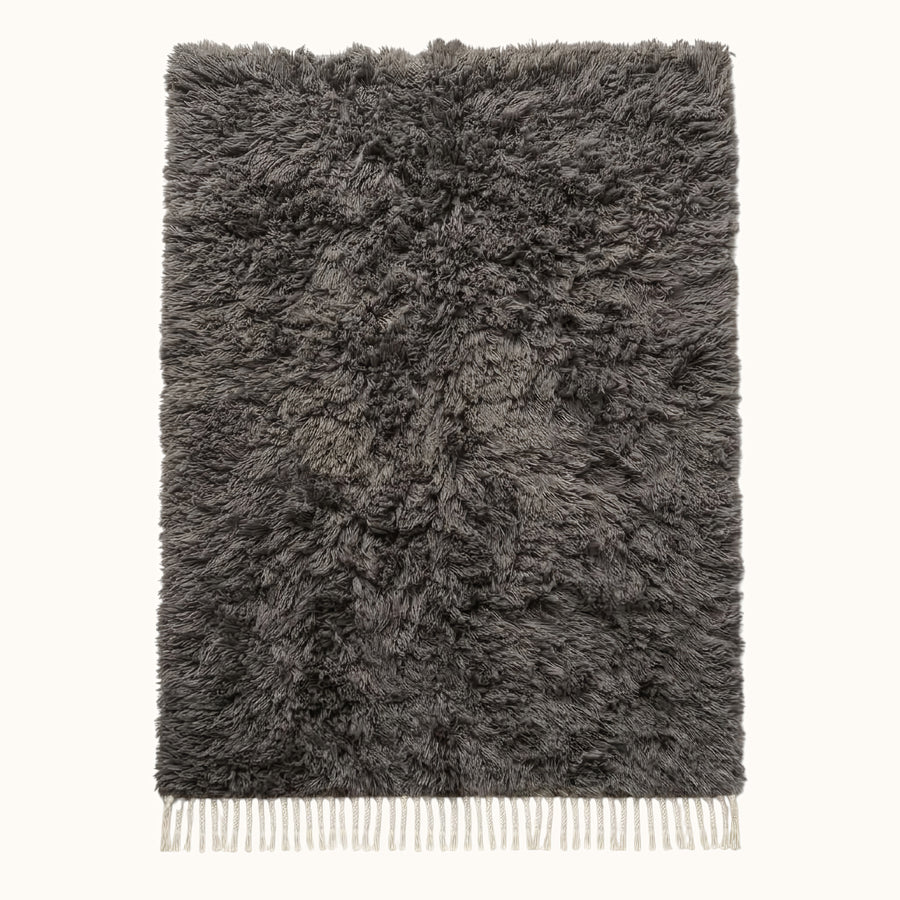 Charcoal Beni Ourain Rug – Textured Pile – Dihya, flat lay on plain background showing full rectangle with ivory fringe