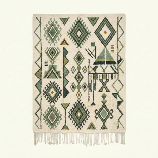Tapis Azilal Ivoire – Motif tribal vert – Azenzar