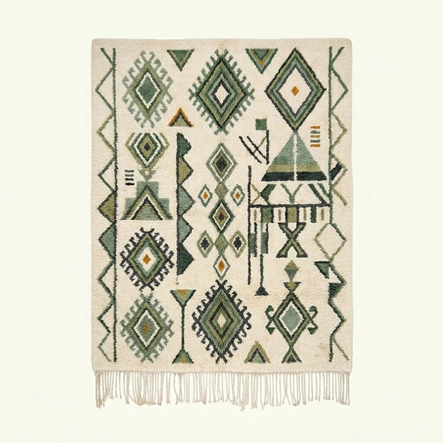 Ivory Azilal Rug – Green Tribal Pattern – Azenzar