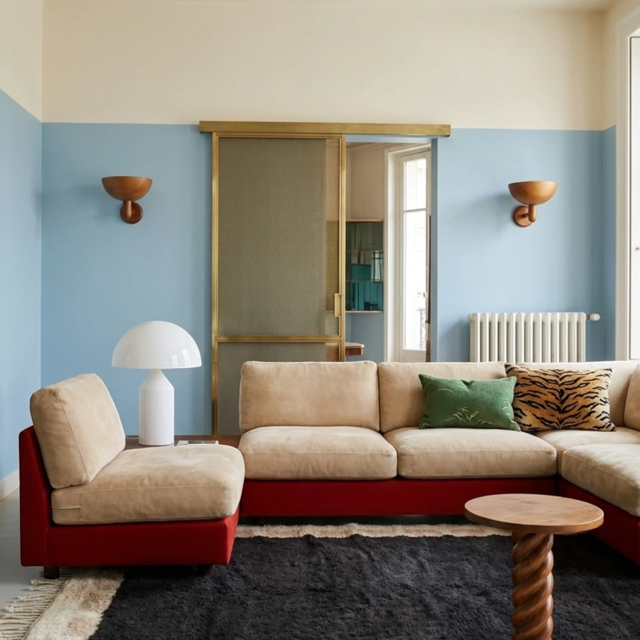 Charcoal and ivory Beni Ourain rug in a living room