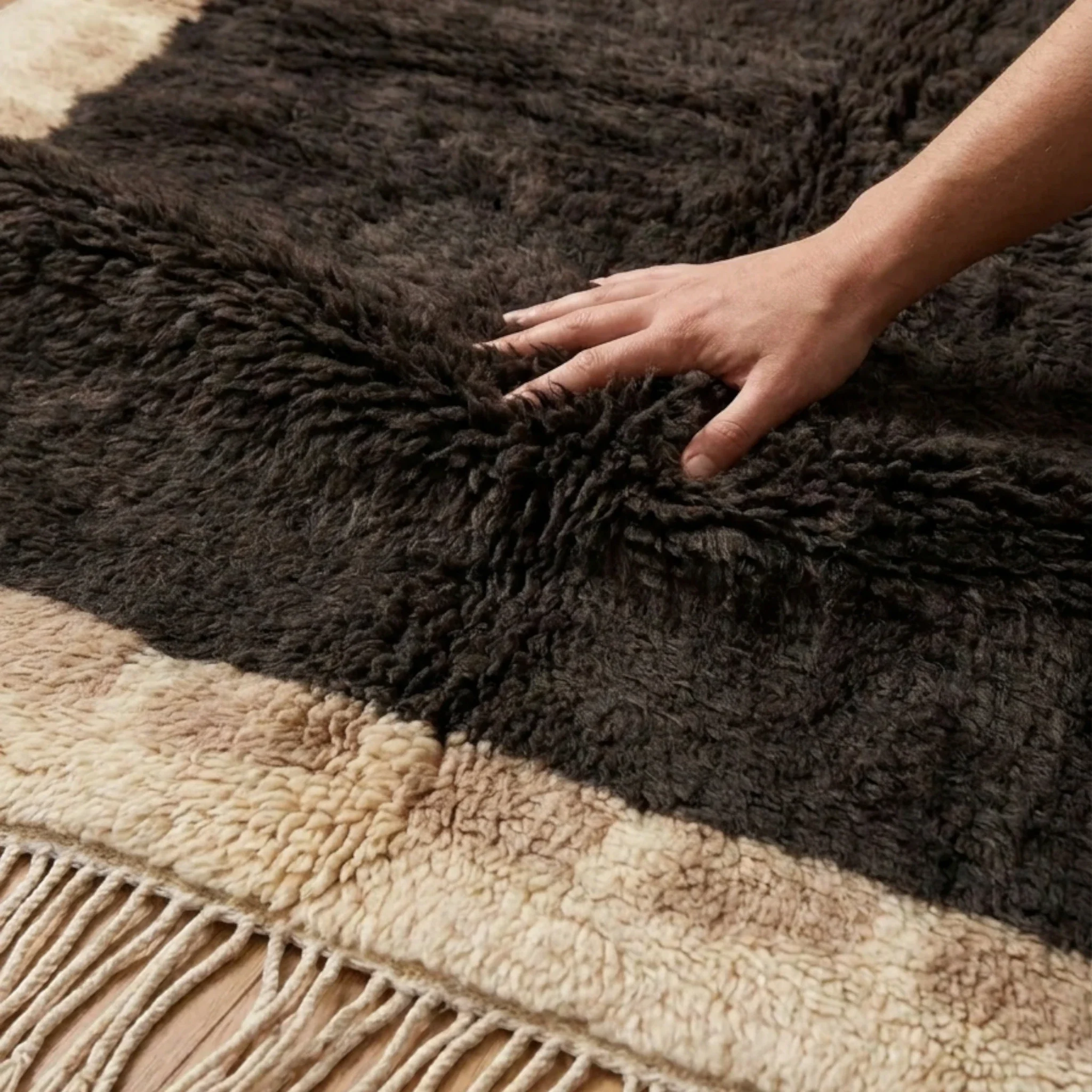 Charcoal and ivory Beni Ourain rug softness detail