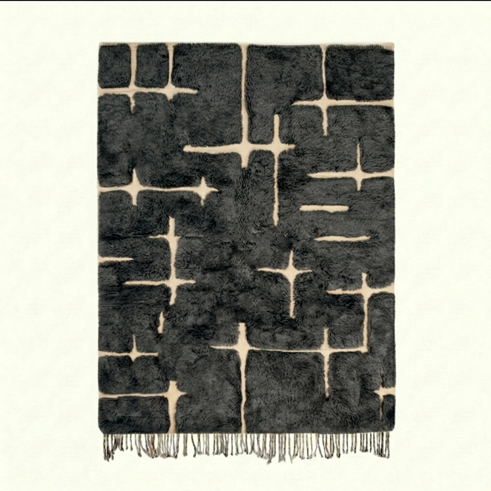 Charcoal and ivory Mrirt rug Itriwen with abstract grid pattern, full rug view