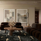 Charcoal and ivory Mrirt rug Itriwen styled in a living room