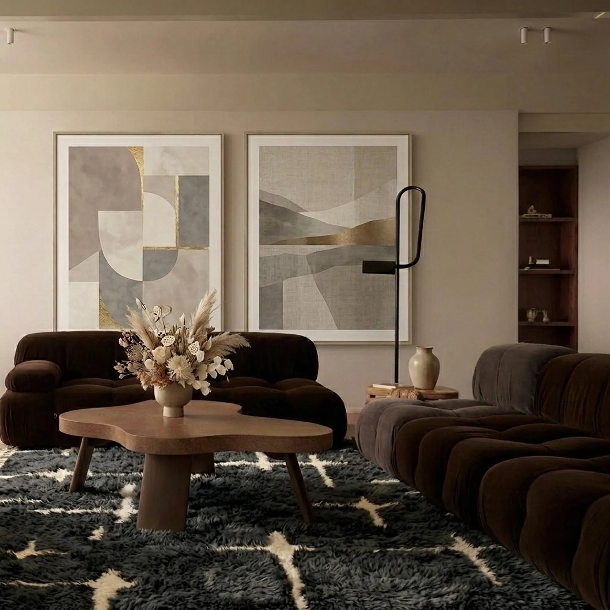 Charcoal and ivory Mrirt rug Itriwen styled in a living room