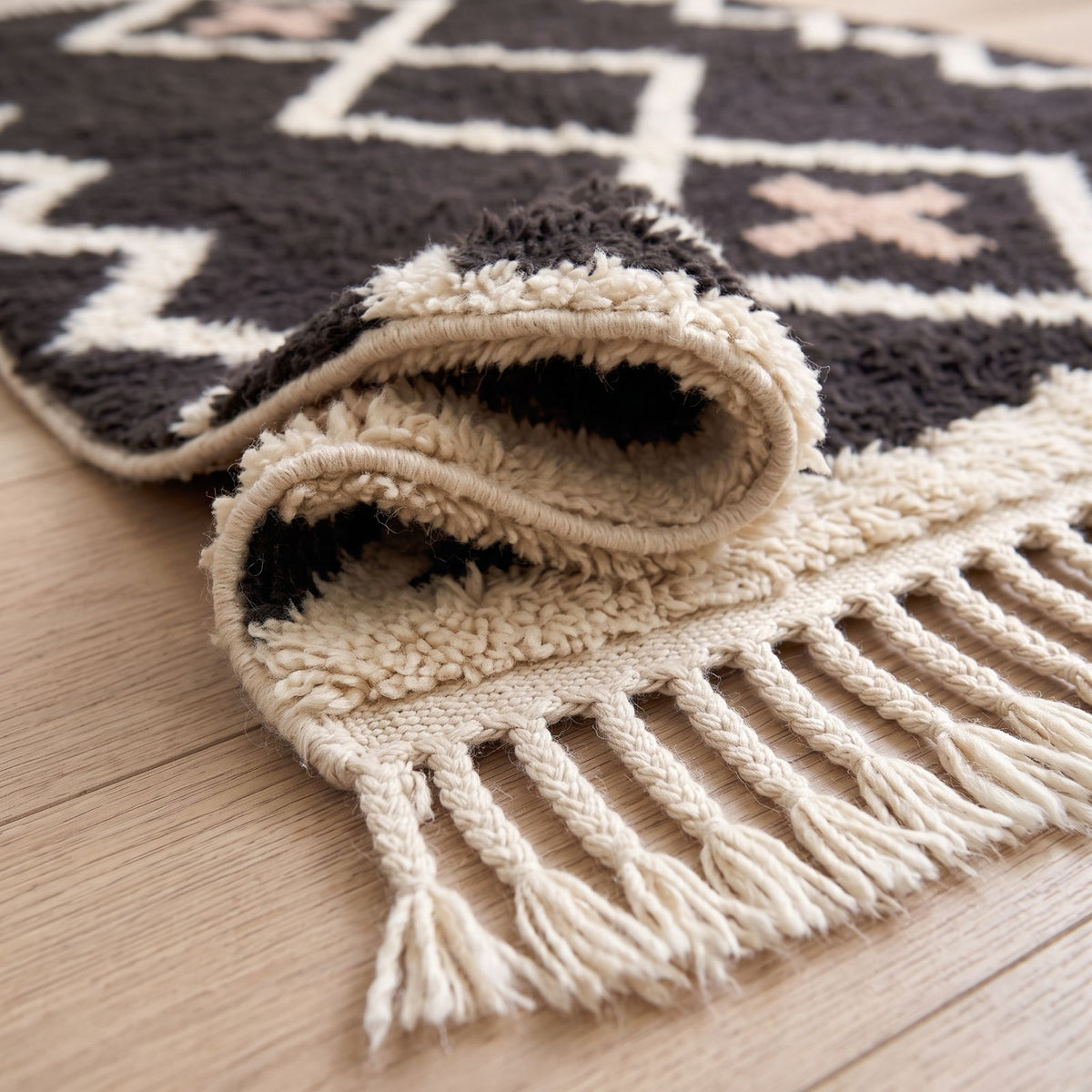Rolled corner showing pile construction and fringe detail of ivory twisted wool