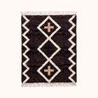 Charcoal, ivory and terracotta Beni Ourain rug with diamond lattice and cross motifs, full flat view