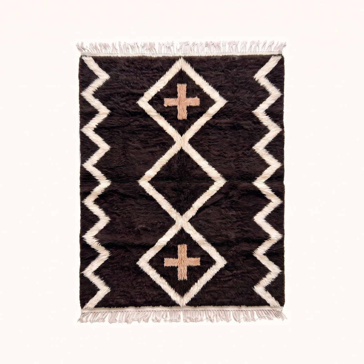 Charcoal, ivory and terracotta Beni Ourain rug with diamond lattice and cross motifs, full flat view