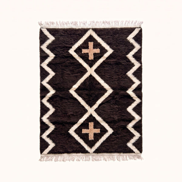 Tapis Beni Ouarain Anthracite, Ivoire et Terracotta – Treillis de losanges avec croix – Tazizawt