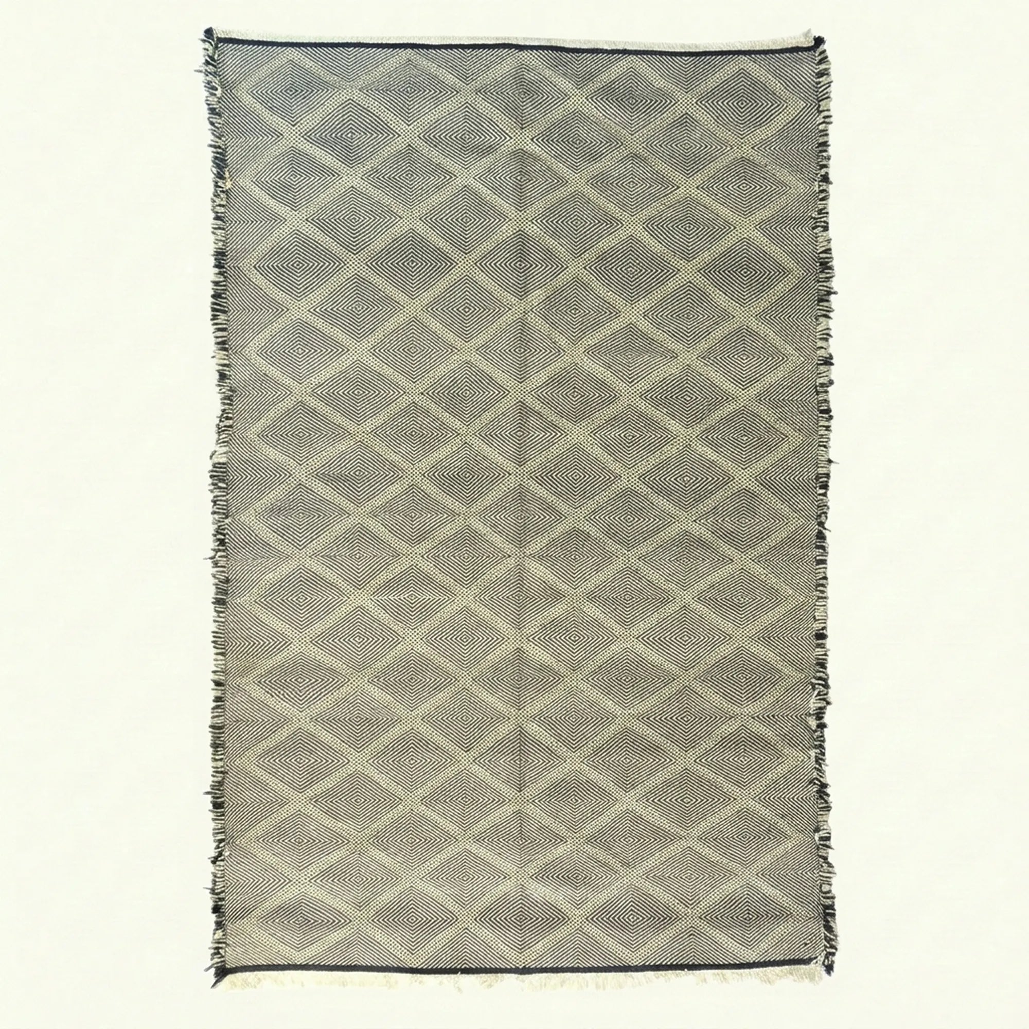 Charcoal Zanafi kilim rug Amezruy with diamond lattice, full rug view