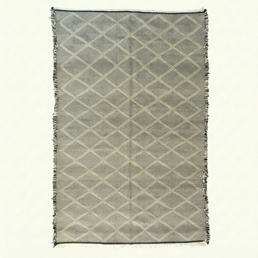Charcoal Zanafi kilim rug Amezruy with diamond lattice, full rug view