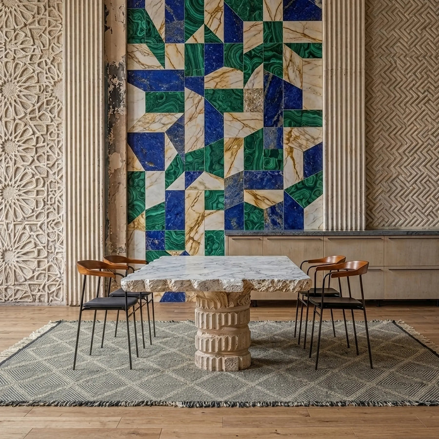 Charcoal Zanafi kilim rug Amezruy with diamond lattice, lifestyle room view