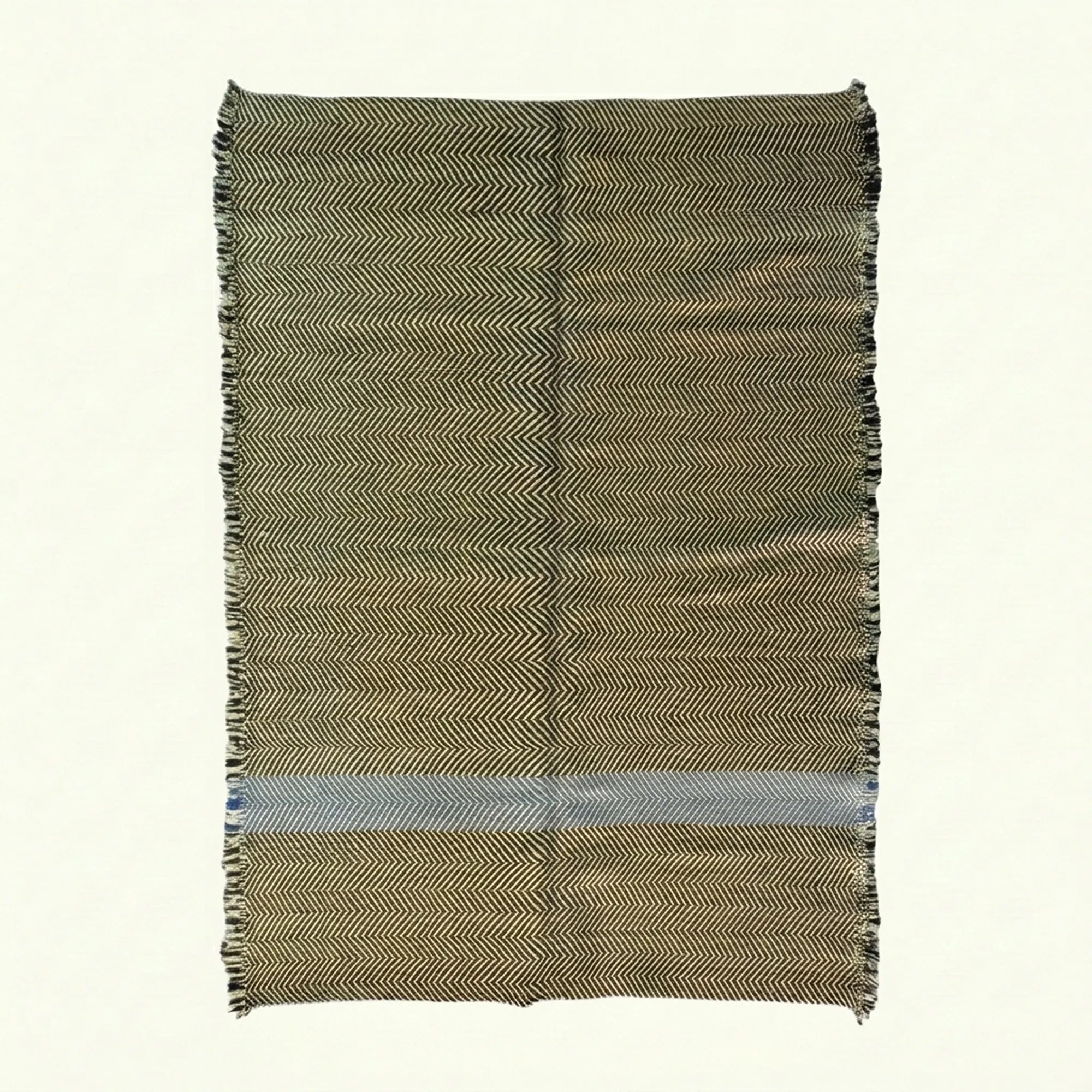 Charcoal, olive and powder blue Zanafi kilim rug Tazrart with blue stripe, full rug view