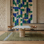 Charcoal, olive and powder blue Zanafi kilim rug Tazrart with blue stripe, styled living room view
