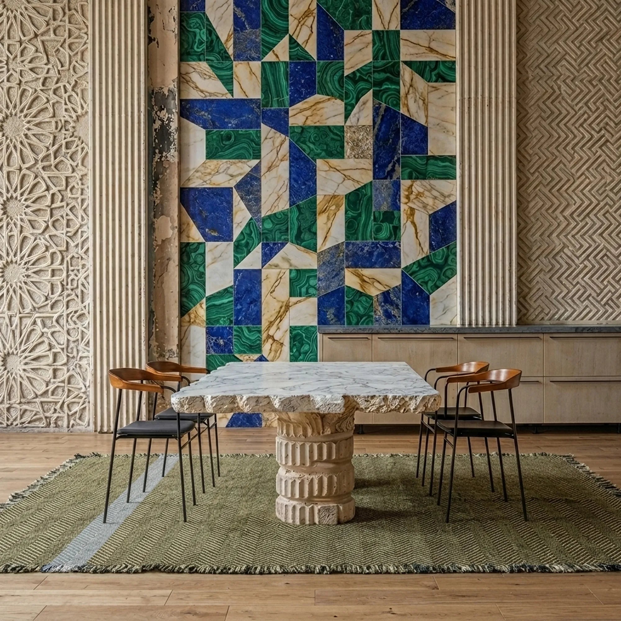 Charcoal, olive and powder blue Zanafi kilim rug Tazrart with blue stripe, styled living room view