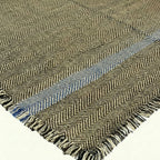 Charcoal, olive and powder blue Zanafi kilim rug Tazrart with blue stripe, blue stripe pattern detail