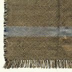 Charcoal, olive and powder blue Zanafi kilim rug Tazrart with blue stripe, flat-weave texture detail