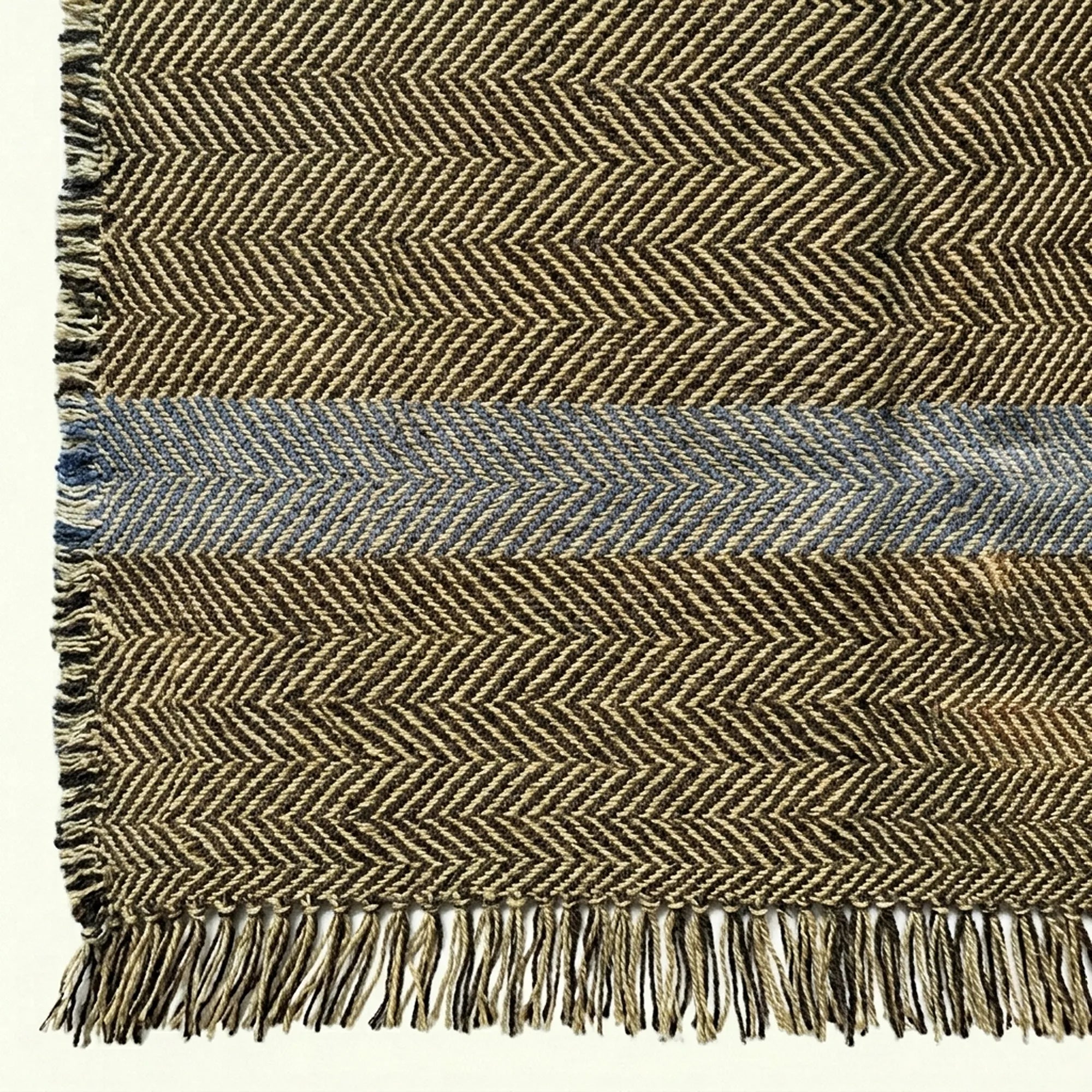 Charcoal, olive and powder blue Zanafi kilim rug Tazrart with blue stripe, flat-weave texture detail