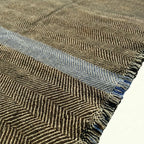 Charcoal, olive and powder blue Zanafi kilim rug Tazrart with blue stripe, edge and fringe detail