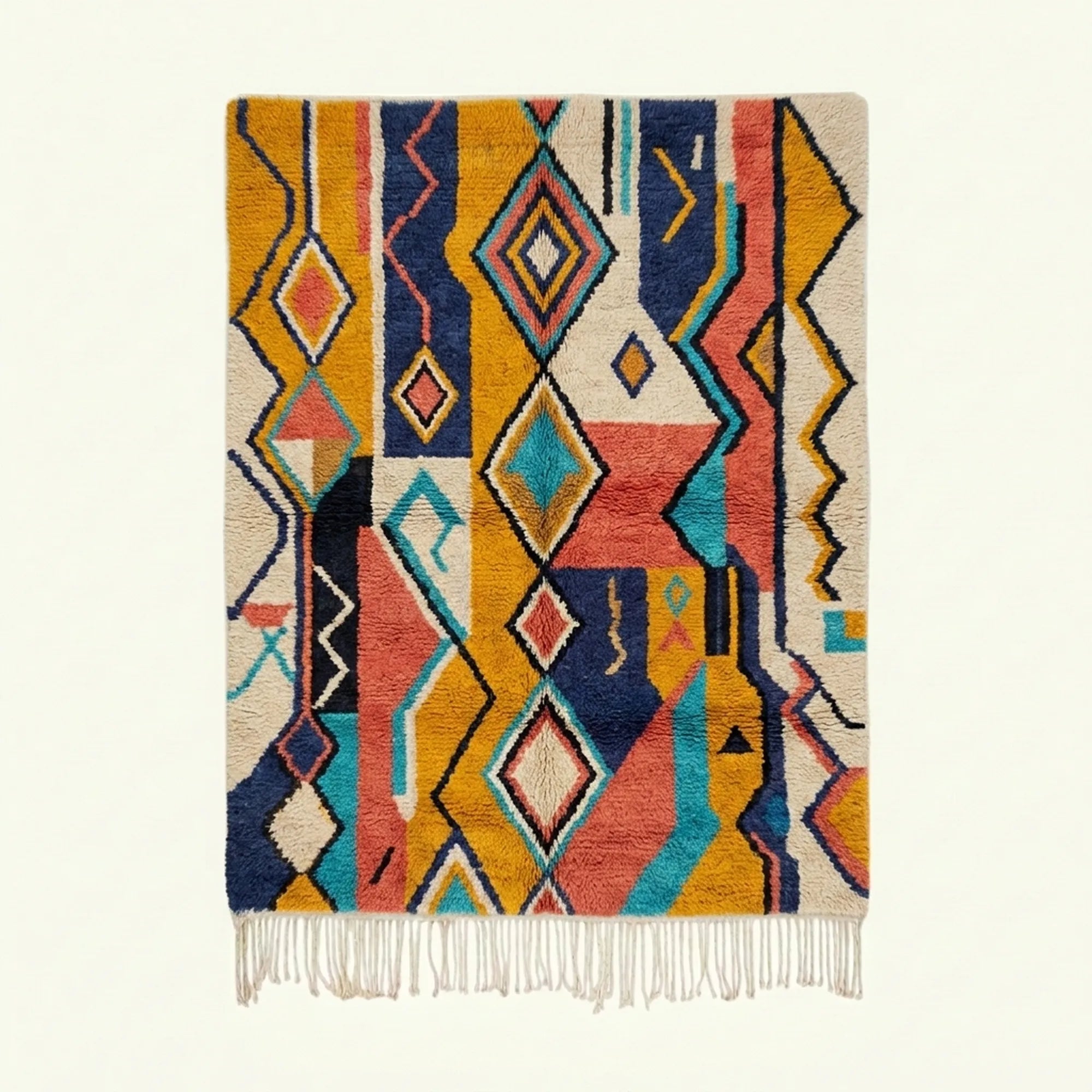 Full view of the Izuran Boujaad rug in coral, mustard, teal, navy and cream with vertical diamonds and linear motifs