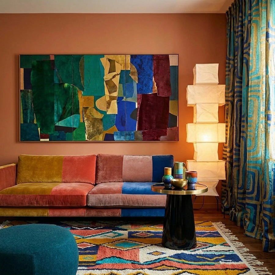 Izuran Boujaad rug styled in a living room with its coral, mustard and teal vertical diamond design visible