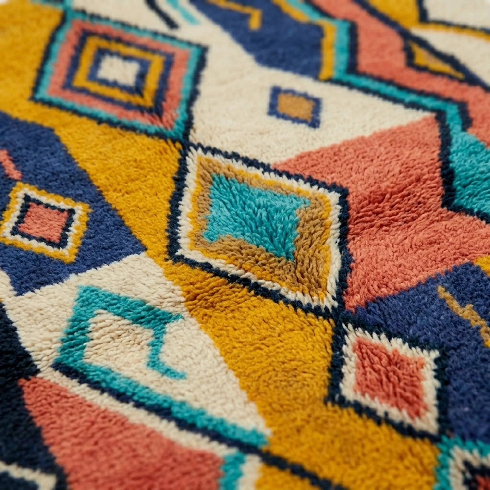 Fringe and lower-edge detail of Izuran with coral, mustard, teal and navy geometric motifs