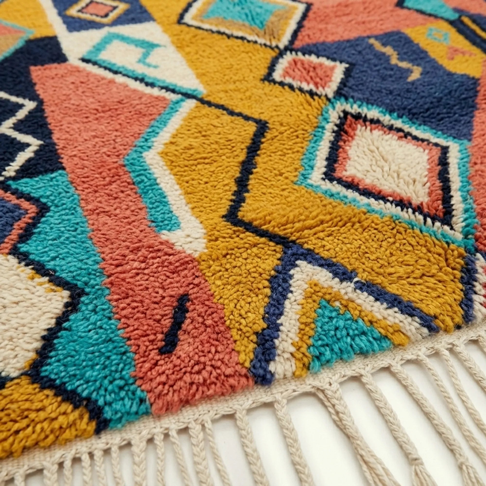 Close-up of the Izuran Boujaad rug showing plush hand-knotted wool around mustard and navy diamond forms