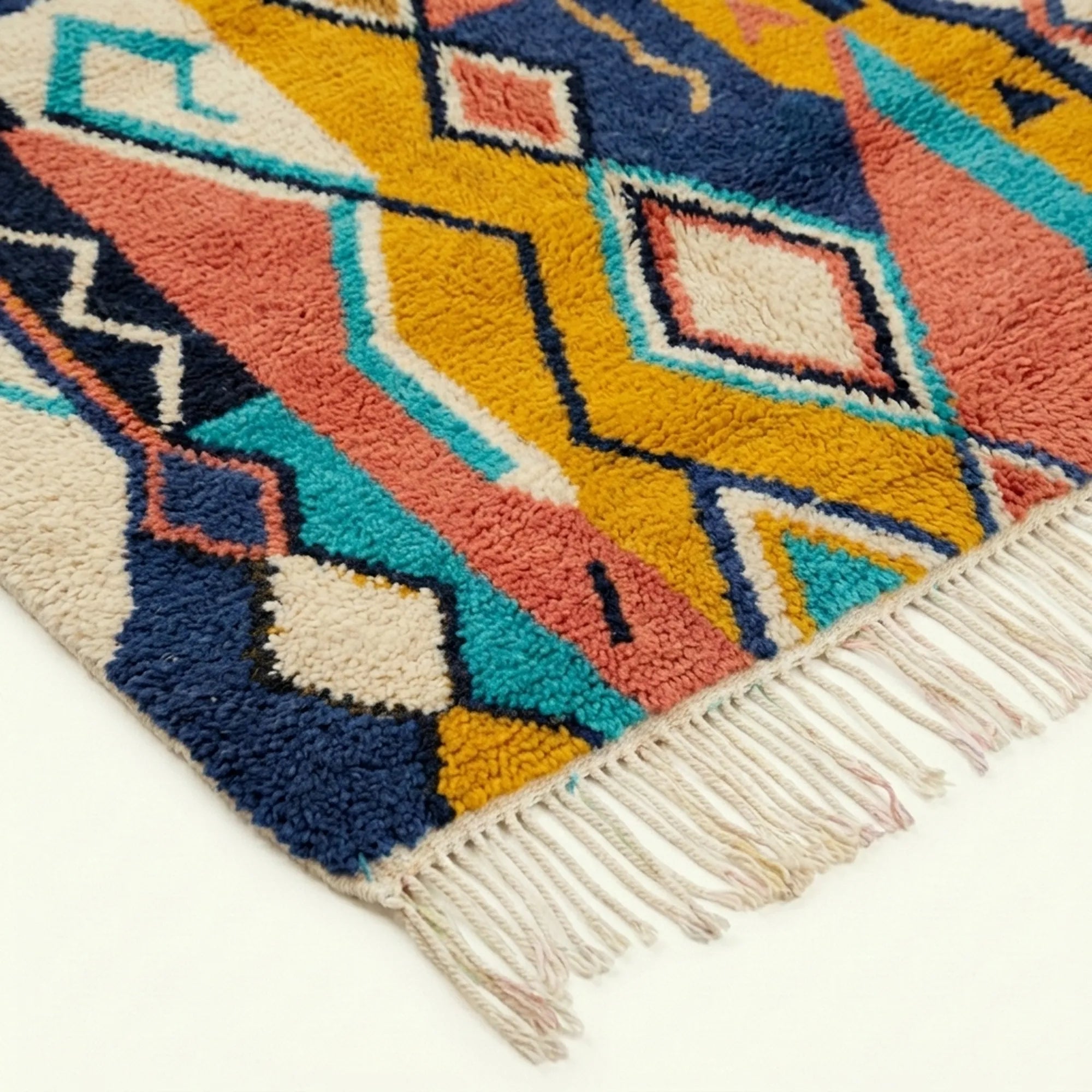 Detailed view of Izuran showing teal, coral, mustard and navy geometric bands beside the rug fringe